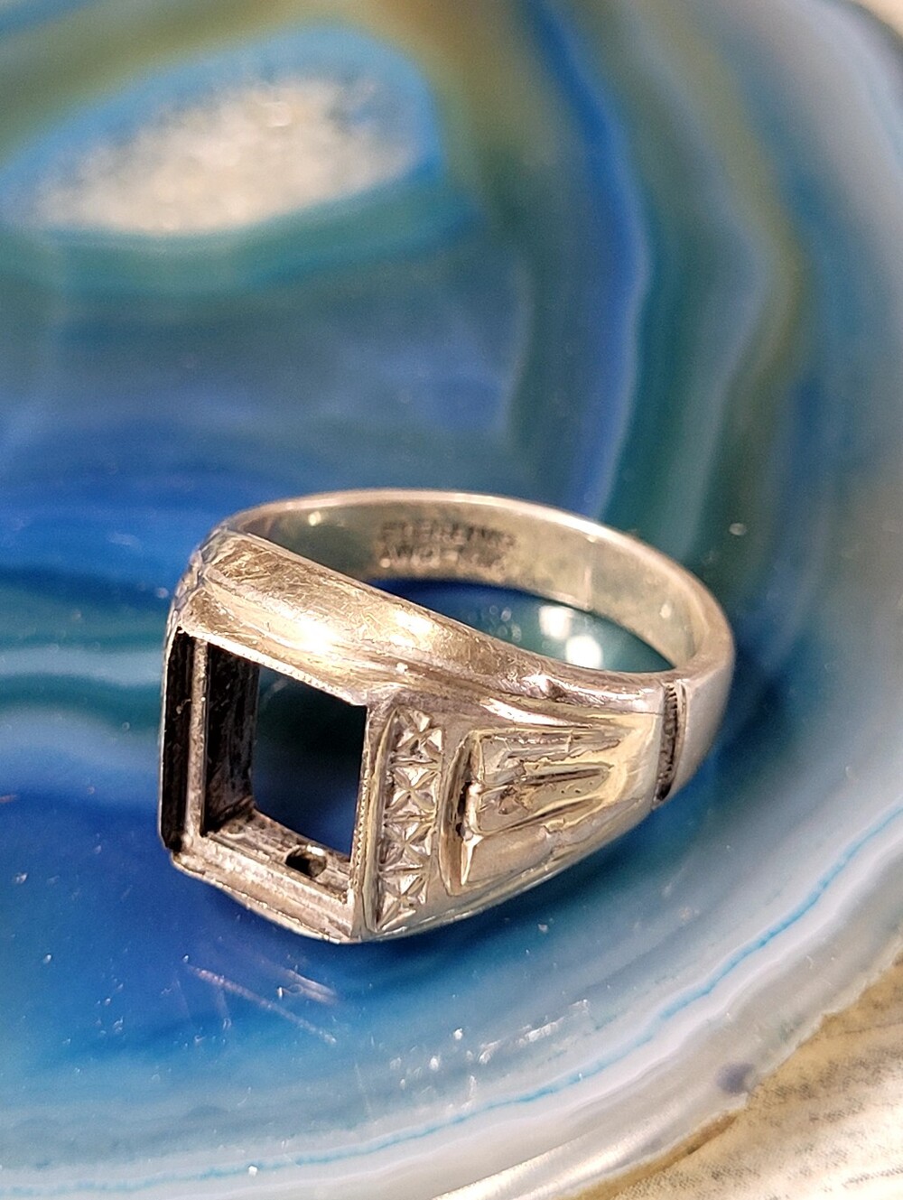 Vintage Sterling and 10k Signet Ring in Silver Tone ( missing stone)